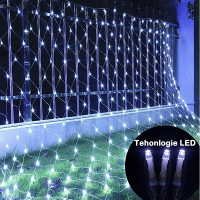 Instalatie de Craciun, 3 m x 1 m, Plasa, Alb rece, 160 leduri, 8 jocuri de lumini, plasa luminoasa, cablu transparent, interconectabila