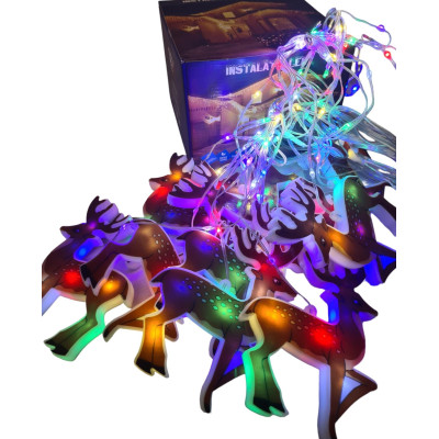 Instalatie luminoasa de Craciun tip franjuri cu 10 figurine tip Reni, 3 m x 0.7 m, 140 leduri, Multicolor