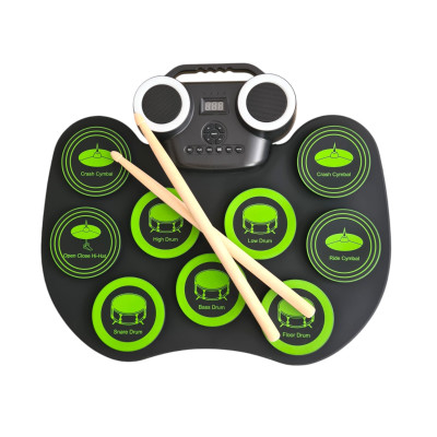 Set 9 Tobe electronice digitale Stereo din Silicon, Flexibile, cu pedale de picior, 9 Padu-ri de tobe, efecte luminoase, Acumulator, USB Type-C, Bluetooth, Bete