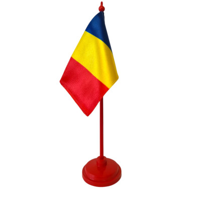 Steag tip drapel tricolor Romania, fata Dubla de Matase, 10 cm x 15 cm, suport Rosu de plastic pentru birou, inaltimea 30 cm