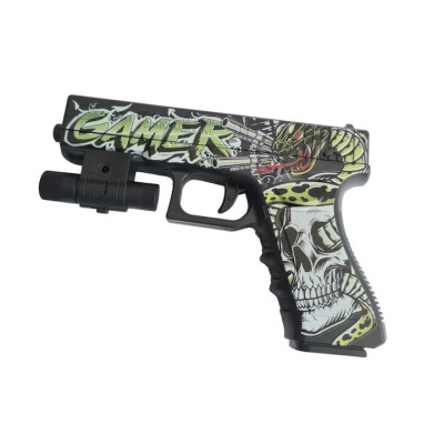 Pistol de jucarie tip Glock , cu laser detasabil, incarcare manuala, 18 cm, bile de gel orbeez, 14+, culoare Verde 