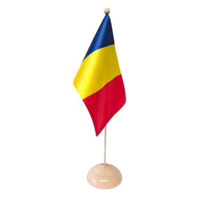 Steag tip drapel tricolor Romania, fata Dubla de Matase, 16 cm x 24 cm, suport de lemn pentru birou, inaltimea 40 cm