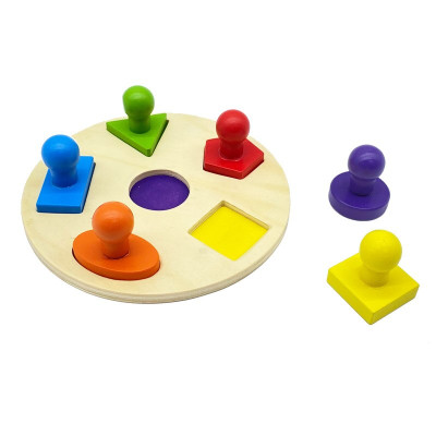 Jucarie educativa tip Puzzle din Lemn, Montessori, 6 Forme cu Maner
