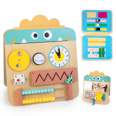Jucarie educativa, senzoriala, de invatare tip Tabla multifunctionala de activitati, Montessori, lemn, 3+ 