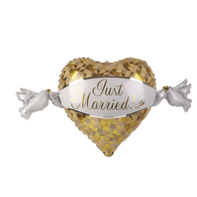 Balon figurina din folie de aluminiu tip Bomboana Inimioara, Just Married!, 57 cm