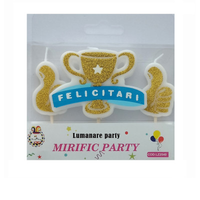 Set 3 lumanari aniversare pentru tort tip trofeu, auriu cu sclipici, 8 cm