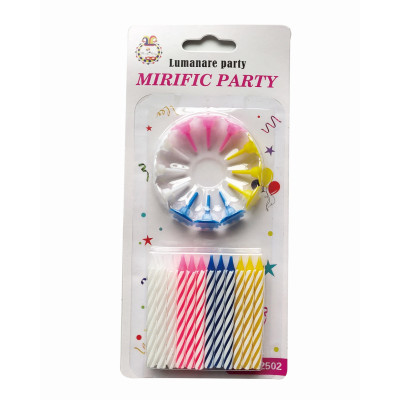 Set 12 lumanari colorate cu suport pentru tort, 6 cm