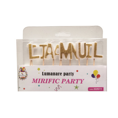 Set 10 lumanari pentru tort, tip litere La multi ani, auriu cu sclipici, 7 cm