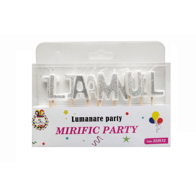 Set 10 lumanari pentru tort, tip litere La multi ani, argintiu cu sclipici, 7 cm