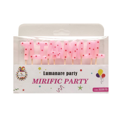 Set 10 lumanari pentru tort, tip litere La multi ani, roz cu buline rosii, 7 cm