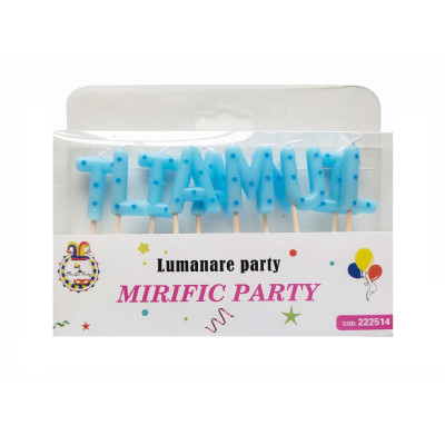 Set 10 lumanari pentru tort, tip litere La multi ani, albastru cu buline, 7 cm