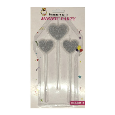 Set 3 lumanari aniversare pentru tort, tip inimioara, Argintiu cu sclipici,15 cm