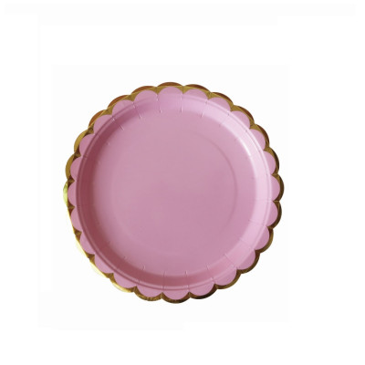 Set 8 farfurii petrecere, roz cu bordura aurie, 18 cm