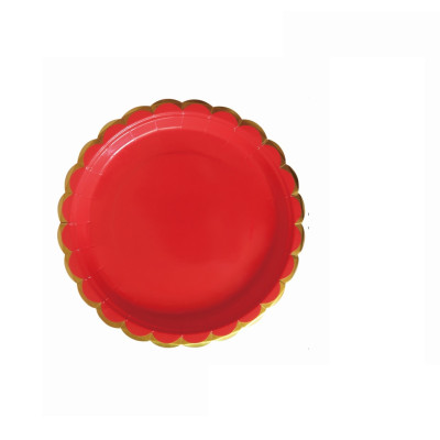 Set 8 farfurii petrecere, Rosu cu bordura aurie, 18 cm