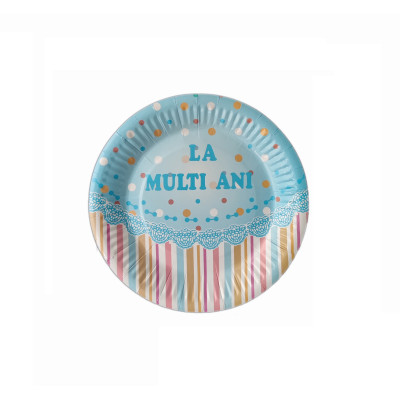 Set 8 farfurii petrecere, La multi ani, Bleu, 18 cm