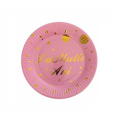 Set 8 farfurii petrecere, la multi ani, rose gold, 18 cm