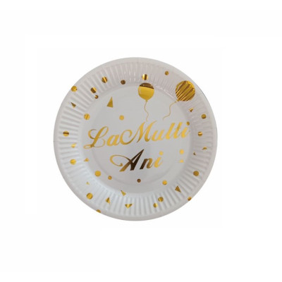 Set 8 farfurii petrecere, la multi ani, alb cu auriu, 18 cm