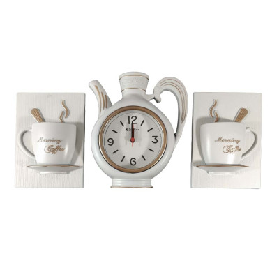 Set Ceas perete bucatarie cu 3 piese, tip ceainic, cu cesti, vintage, Alb Set Ceas perete bucatarie cu 3 piese, tip ceainic, cu cesti, vintage, Alb
