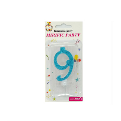 Lumanare tort, cifra 9, Albastru Glitter