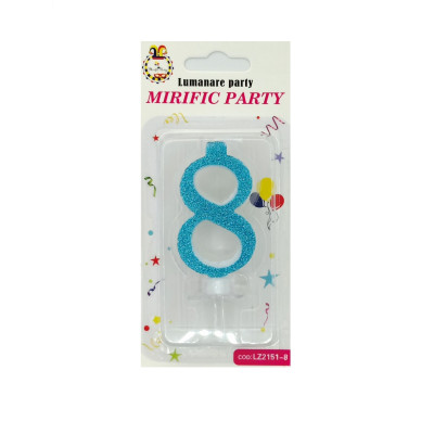 Lumanare tort, cifra 8, Albastru Glitter