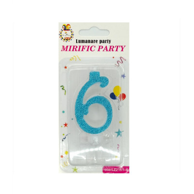 Lumanare tort, cifra 6, Albastru Glitter