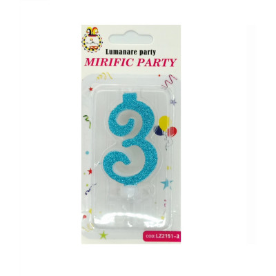 Lumanare tort, cifra 3, Albastru Glitter
