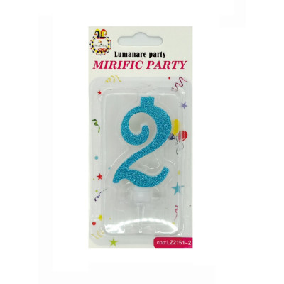 Lumanare tort, cifra 2, Albastru Glitter