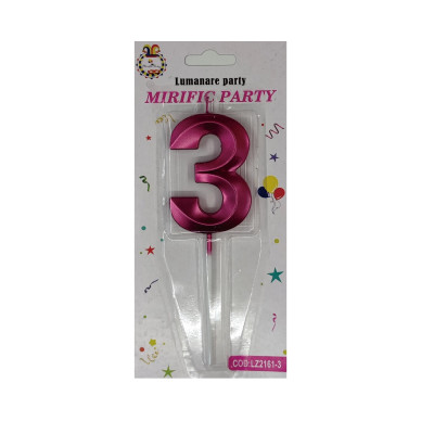 Lumanare tort, cifra 3, Roz metalizat, 15 cm