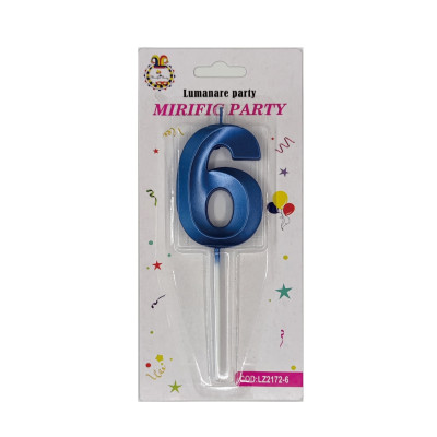 Lumanare tort, cifra 6, Albastru Neon, 15 cm