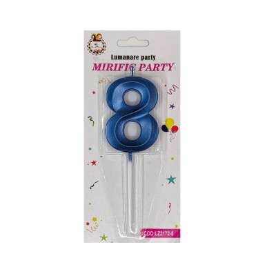 Lumanare tort, cifra 8, Albastru Neon, 15 cm