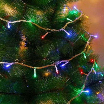 Instalatie de Craciun tip Liniara cu baterii, 10 m, 100 leduri, jocuri de lumini, Fir Transparent, Multicolor Instalatie de Craciun tip Liniara cu baterii, 10 m, 100 leduri, jocuri de lumini, Fir Transparent, Multicolor