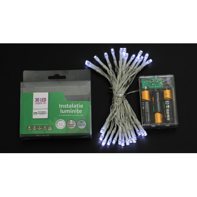 Instalatie de Craciun tip Liniara cu baterii, 3 m, 30 leduri, jocuri de lumini, Fir Transparent, Alb Rece Instalatie de Craciun tip Liniara cu baterii, 3 m, 30 leduri, jocuri de lumini, Fir Transparent, Alb Rece